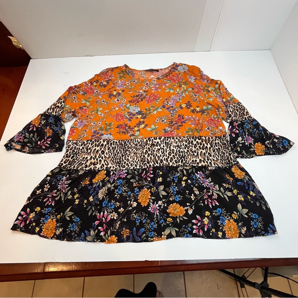 Calessa Shirt Floral Animal Print Tunic Top‎ XL Tiered Bell Sleeve Boho Leopard